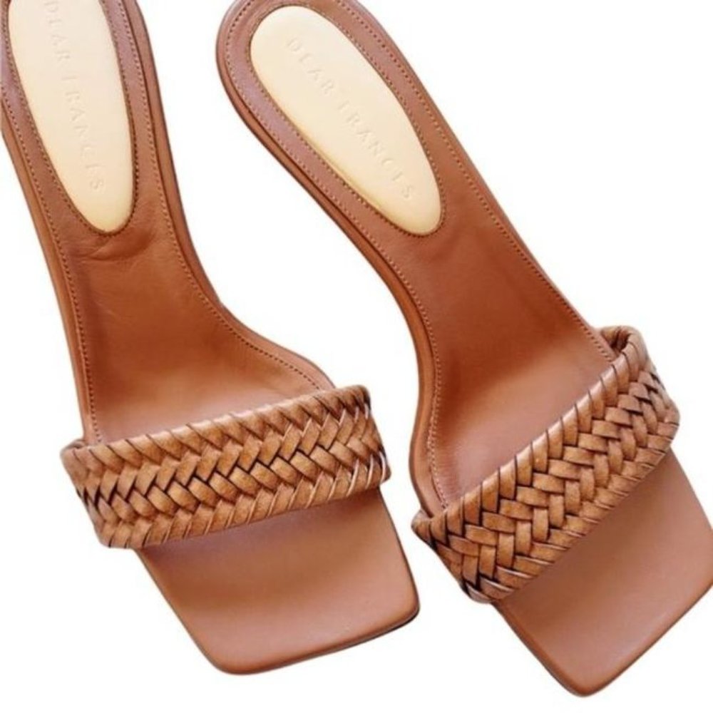 VEUC Dear Frances Cognac Woven Strap Square Toe Leather Mule Sandals, sz 39
